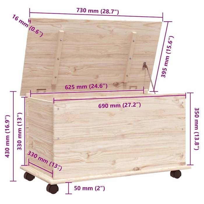 VidaXL Coffre de rangement à roulettes ALTA 73x39,5x44 cm bois de pin 353927