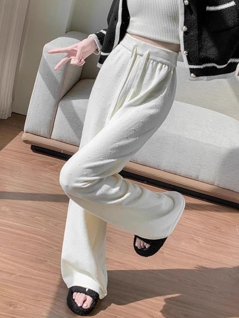 Knitted Wide Leg Pants for Women In Autumn and Winter Lazy Style High Waist Loose Straight Leg Soft Rice Floor Length Pants
