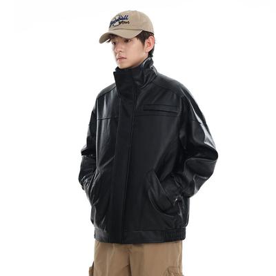 Czarna Fajna Przystojna Kurtka Męska z Ekoskóry Luźne Ubrania Modna Marka Hooligan Przystojna Odzież Lokomotywowa Amerykańska Kurtka Modna