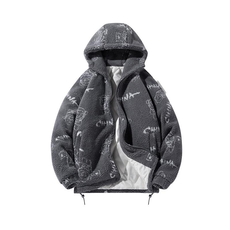 Lässige Mode Koreanischer Stil Ins Locker Verdickte Sherpa-Jacke Herren Trendige Marke Student Kapuzenpullover Vielseitig Cartoon-Druck