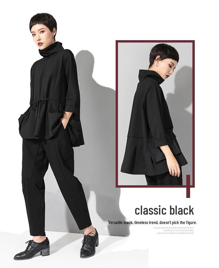 Trendiges Damen Oberteil im europäischen und amerikanischen Stil, dunkel, langärmlig, mit Kordelzug in der Taille - Frühling/Herbst