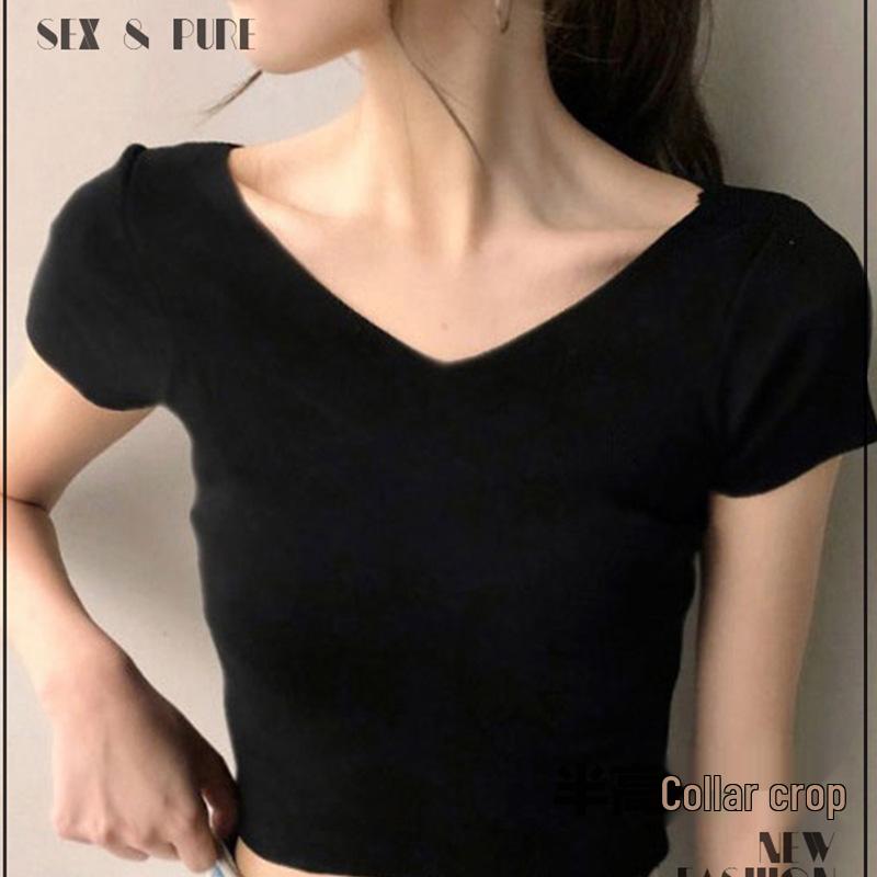 Korean Style Front & Back V-Neck Women's Short-Sleeve Bodycon T-shirt - Black & White, 2024 Summer Collection.