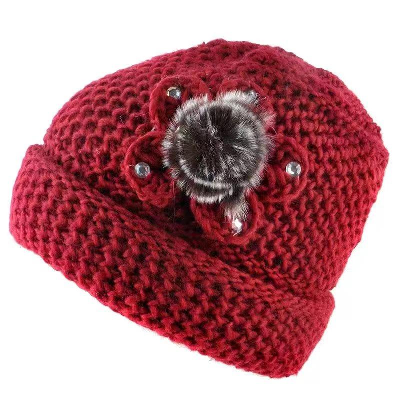 Fashion Outdoor Thickened Fleece Knitted Hat Winter Rabbit Fur Baseball Cap Warm Bow Basin Cap For Middle-Aged And Elderly