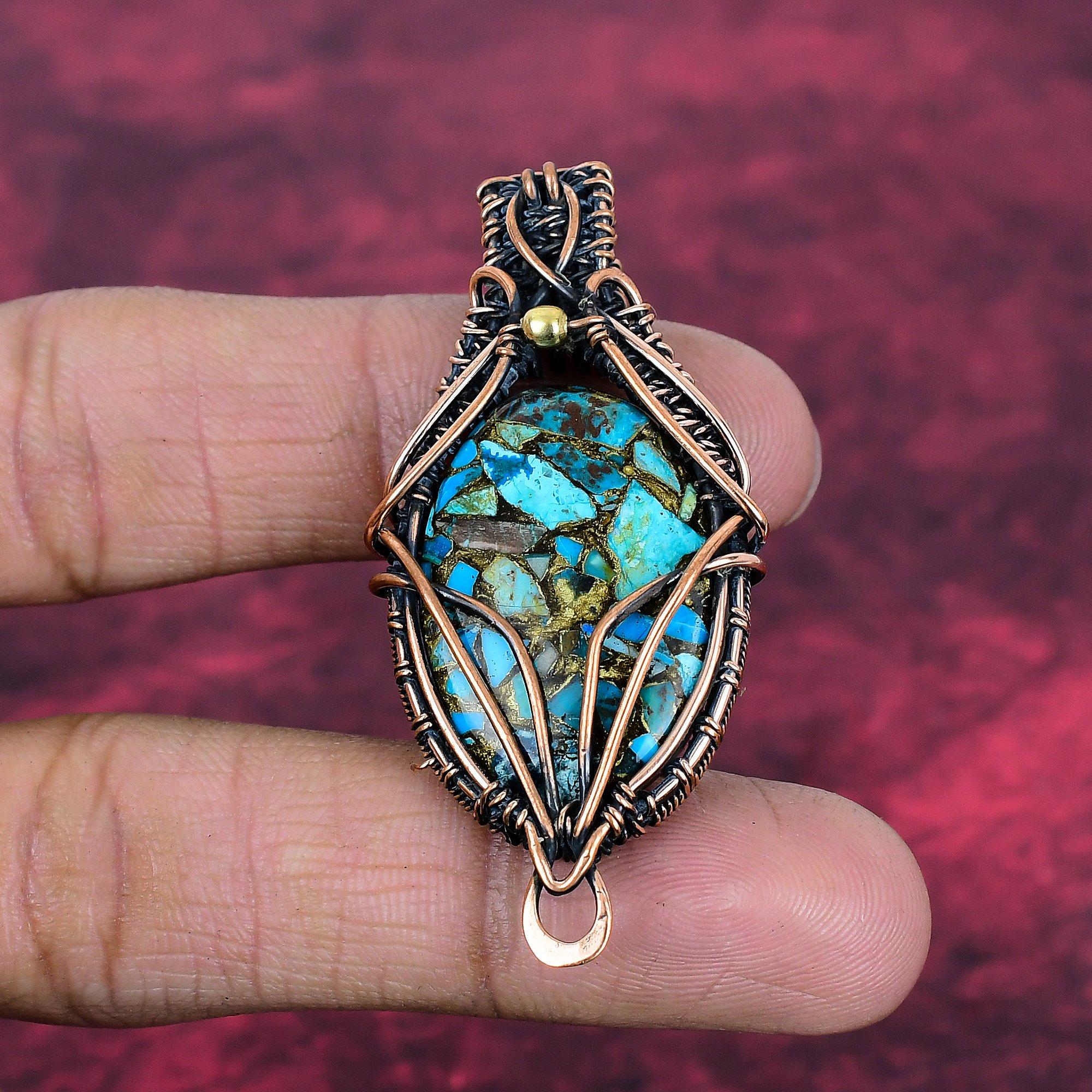 Copper Chrysocolla Natural Gemstone Pendant Copper Wire Wrapped Handmade Jewelry