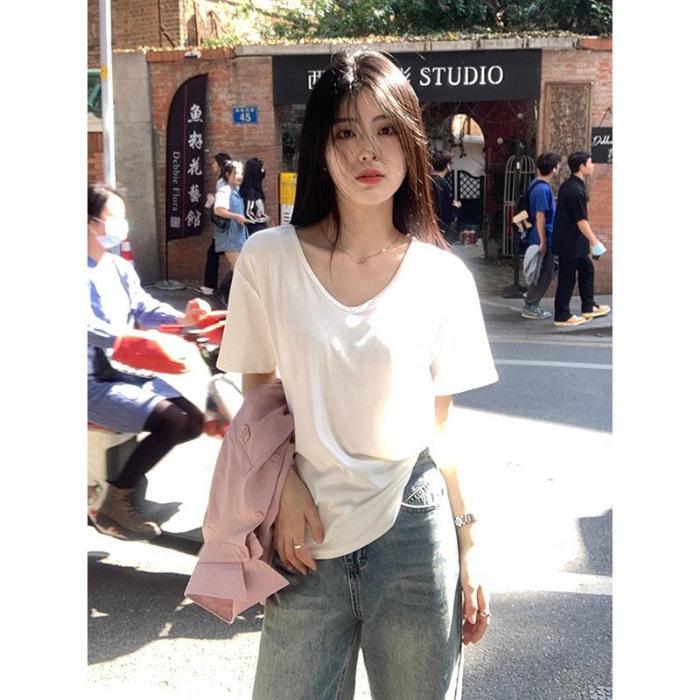 

White v-neck short-sleeved t-shirt women s summer new loose solid color bottoming shirt with Spice Girl student top trendy S белый