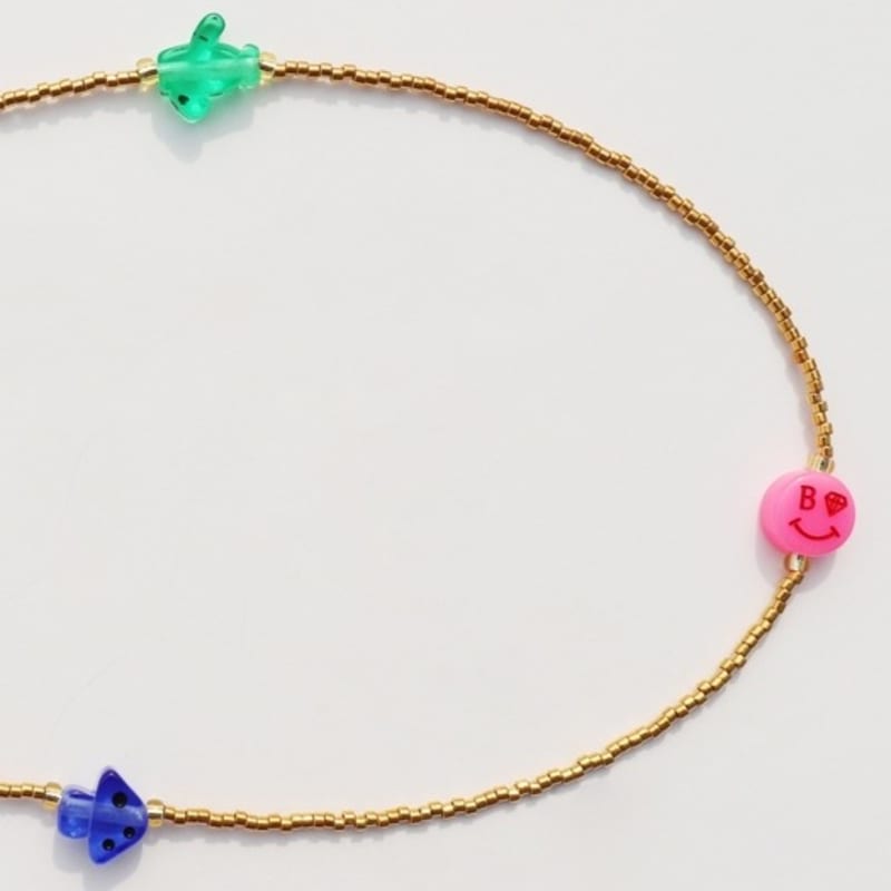 BONBEAU Unique and Fun Charms Gold Beads Long Necklace Color Motif Charm Gold Bead Long Necklace Kitsch Necklace