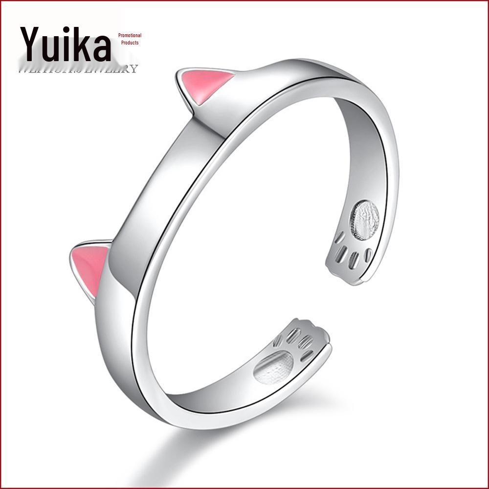 Adjustable Silver Cat Ring for Women - Cute Korean Style with Cat Ears and Paws Design
