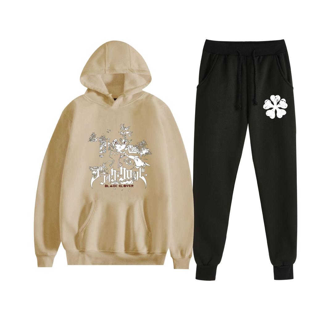 Europe, America, Autumn and Winter Black Four-leaf Clover Peripheral Two-dimensional Men's and Women's Leisure Sports Fleece Hooded Sweater Set 