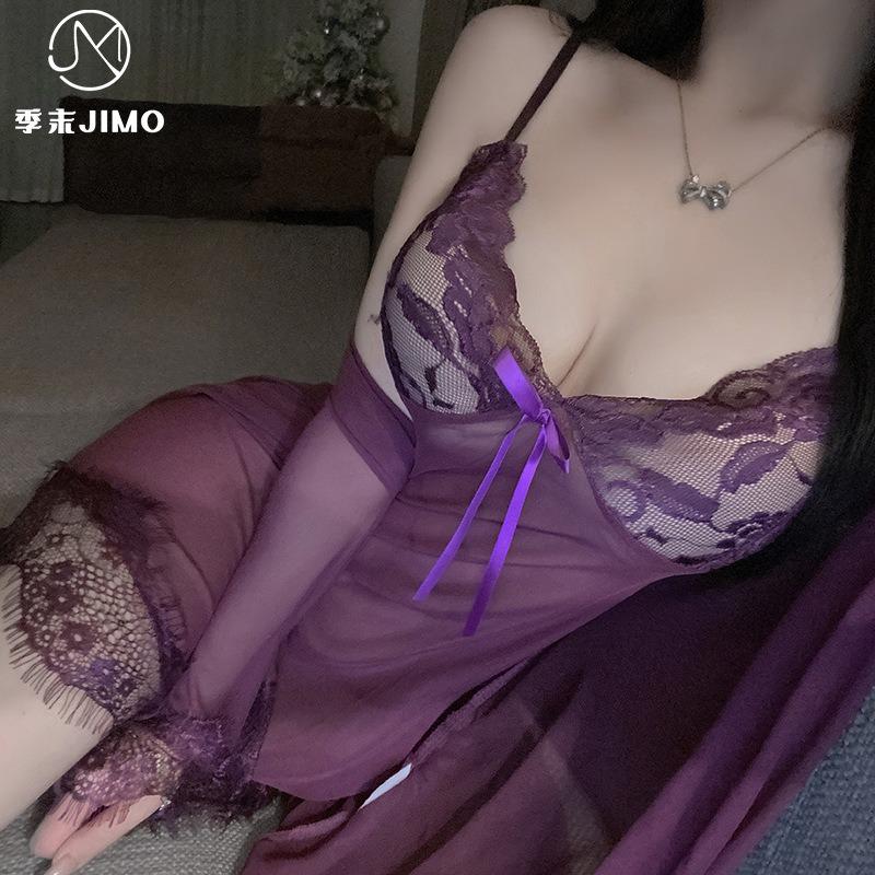 Sexy lingerie sexy female lace suspender mesh seduction dream purple bathrobe set