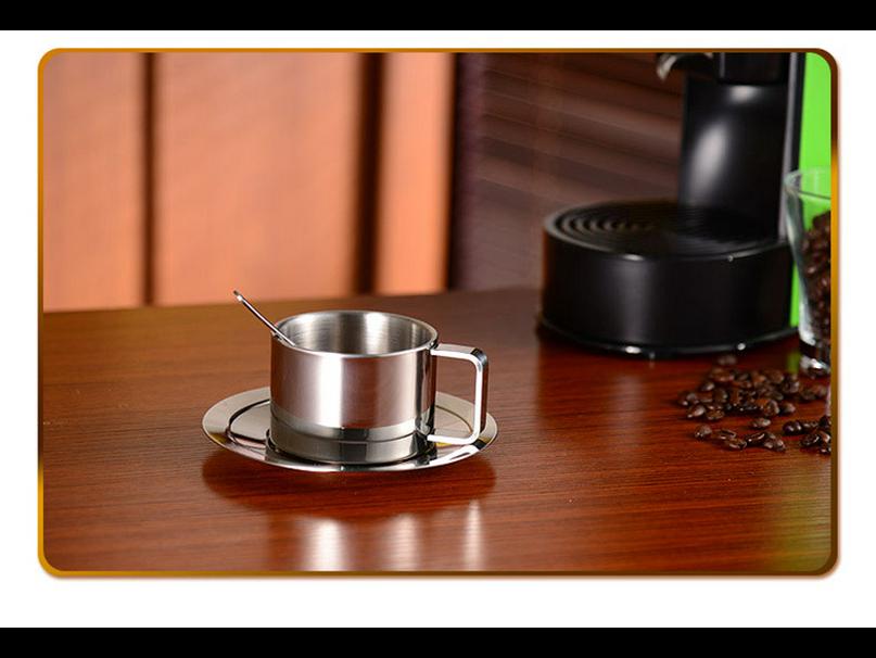 Ensemble de tasses à café double couche en acier inoxydable 304 avec soucoupe et cuillère (Anti-brûlure, isolé)