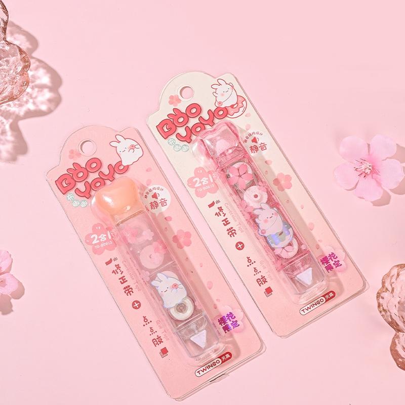 1pcs BuYoYO Correction Tape Glue Tape 2 In 1, Kawaii Rabbit Cherry Blossom Double Sided Design