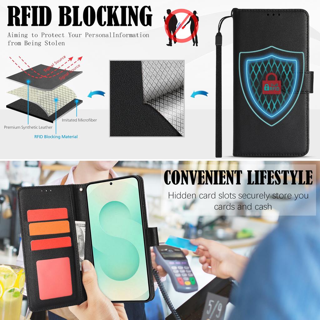 For Samsung Galaxy A36 5G Case RFID Blocking Flip Leather Phone Cover with Wrist Strap