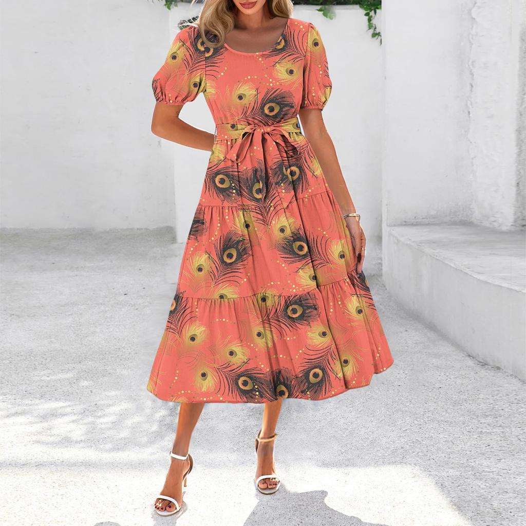 Women's Summer Short Sleeve Round Neck Waistband Bohemian Flowy Layered Maxi Dress With Pockets