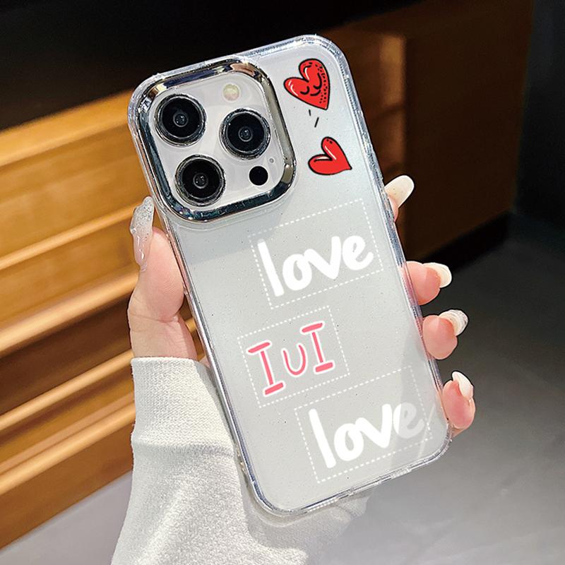 Fashion Colorful Love Hearts Print Clear Phone Case For iPhone 16 Pro Max 15 Plus 14 Pro 13 12 11 Plating Lens Protection Soft TPU Shockproof Cover