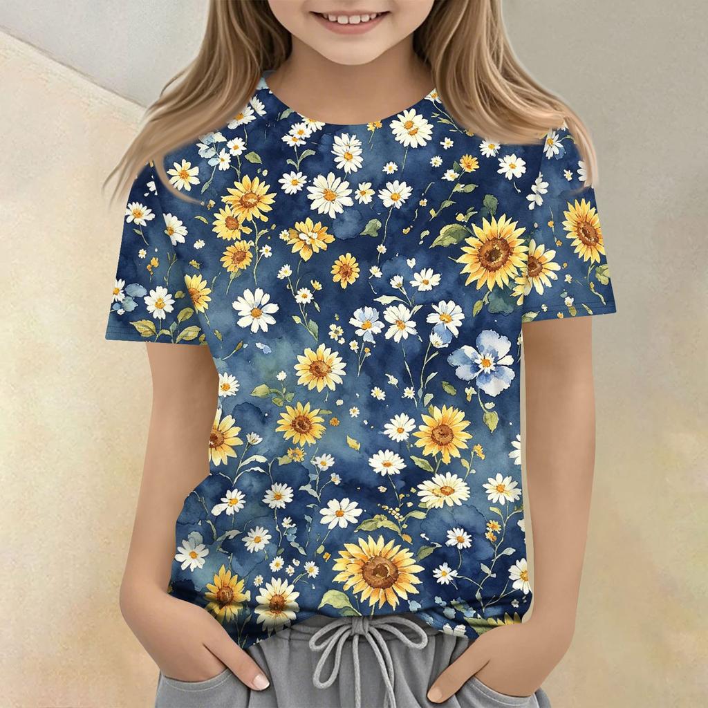 Tricou casual larg cu gât rotund și mânecă scurtă, cu imprimeu floral, pentru copii, confortabil, ușor, de vară