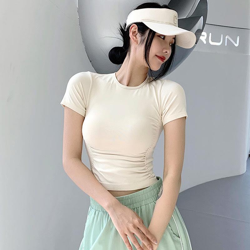 

Топ для йоги Lulu с плиссированными короткими рукавами, влагоотводящий, приталенный крой S (40-45 kg) слоновая кость