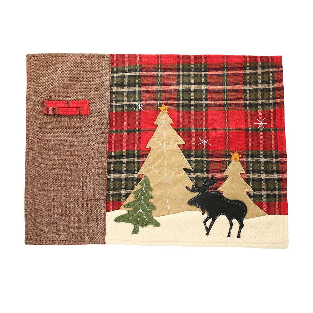 Festive Christmas Table Decor With Plaid Fabric And Embroidered Reindeer Design