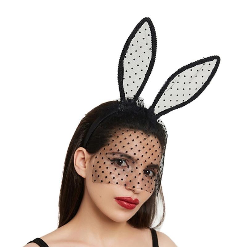 Stylish Rabbit Ears Lace Hairband Cute And Hair Accessory Headwear With Round Dots And Delicate Sheer Trim
