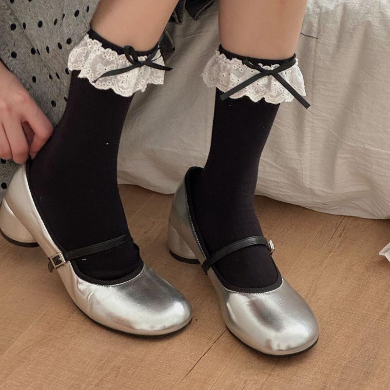JK White Over The Knee Socks Women Classic Sweet Lace Ruffles Thigh Socks with Bowknot Girls Lolita Cotton Long Stockings Woman