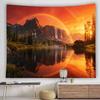 Rural Natural Scenery Wall Tapestry, Dusk Rainbow Mountain Waterfall Wooden Cabin Pine Tree Lake Print Wall Blanket Dorm Art