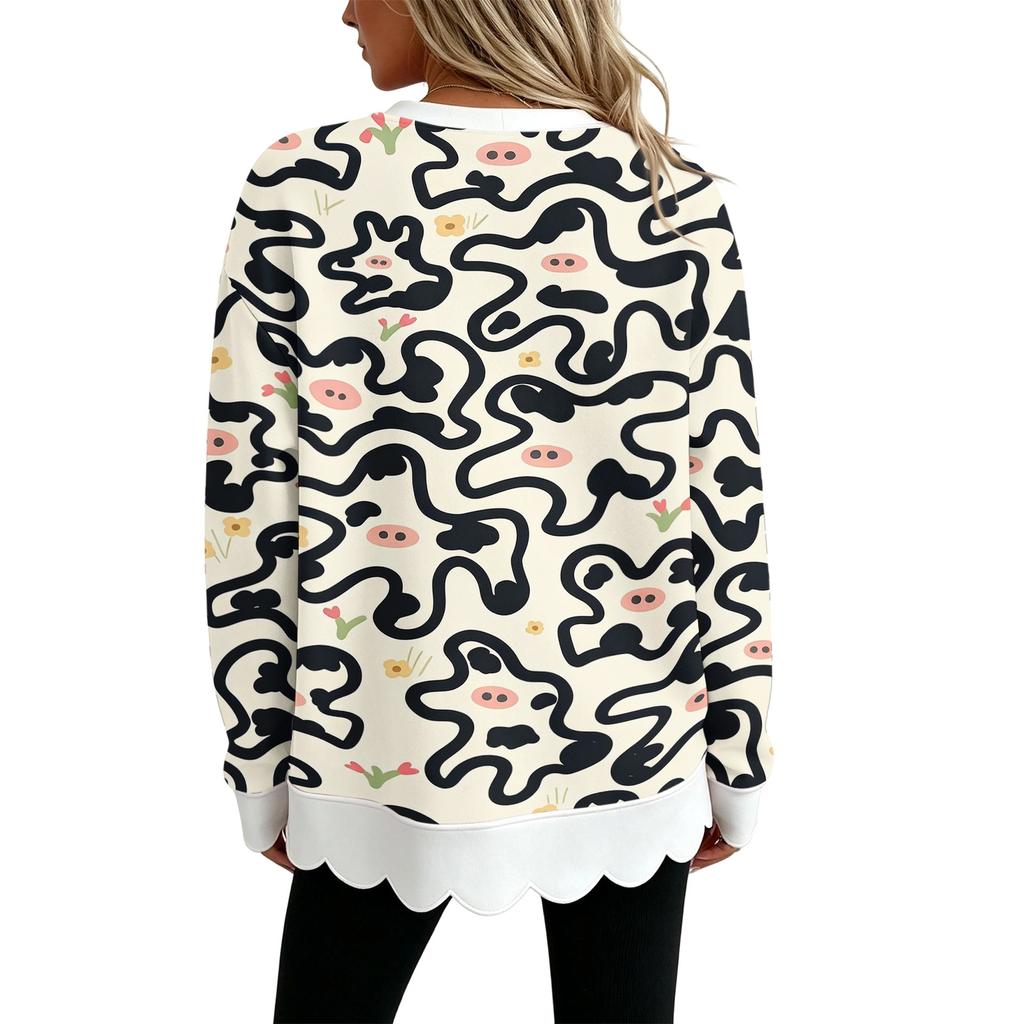 Women's Scalloped Hem Crewneck Sweatshirt Loose Fit Fashion Graphic Print Long Sleeve Pullover Top
