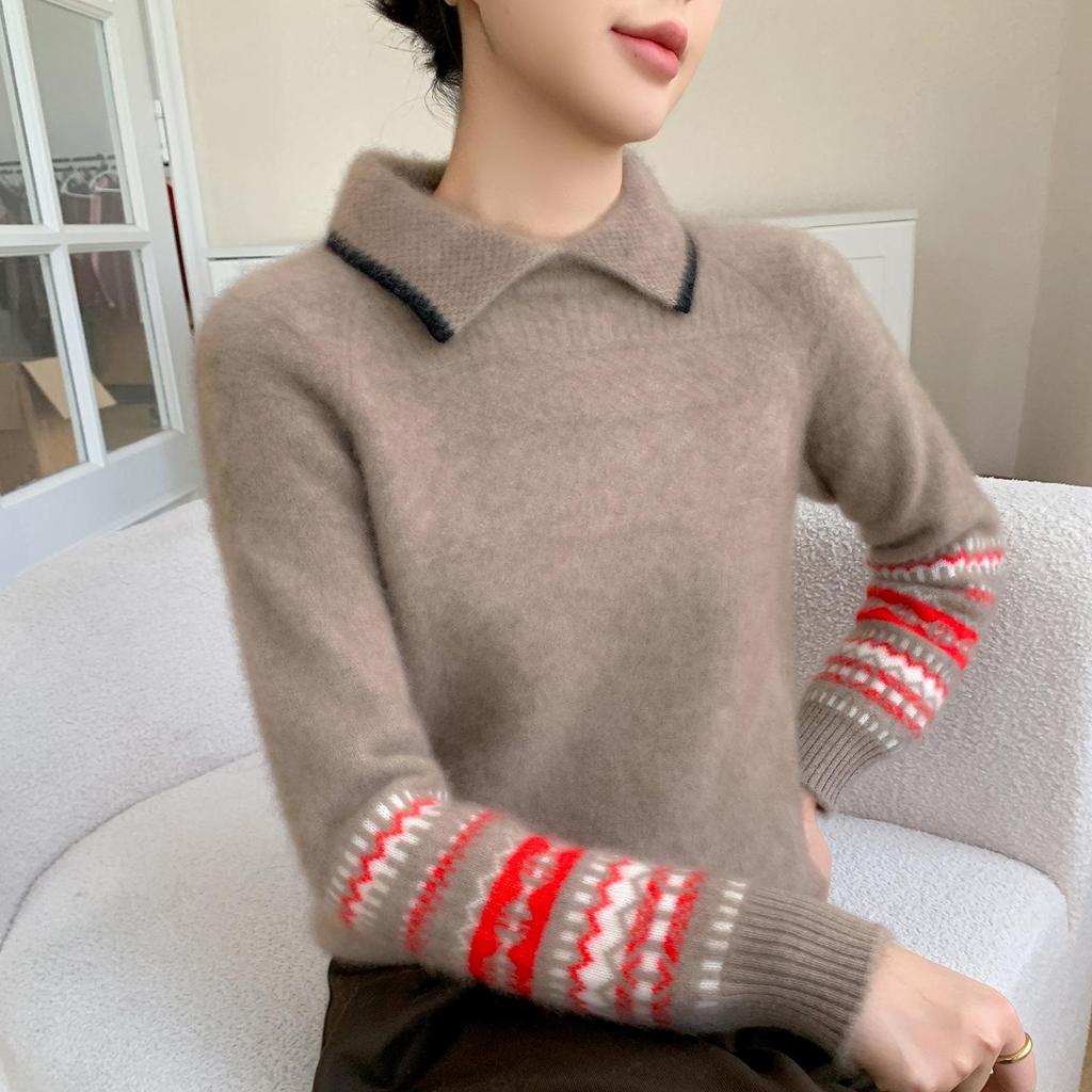 Women's Autumn/Winter Color Block Cashmere Knit Sweater with Contrast Lapel - Fashionable, Loose, and Thickened Design