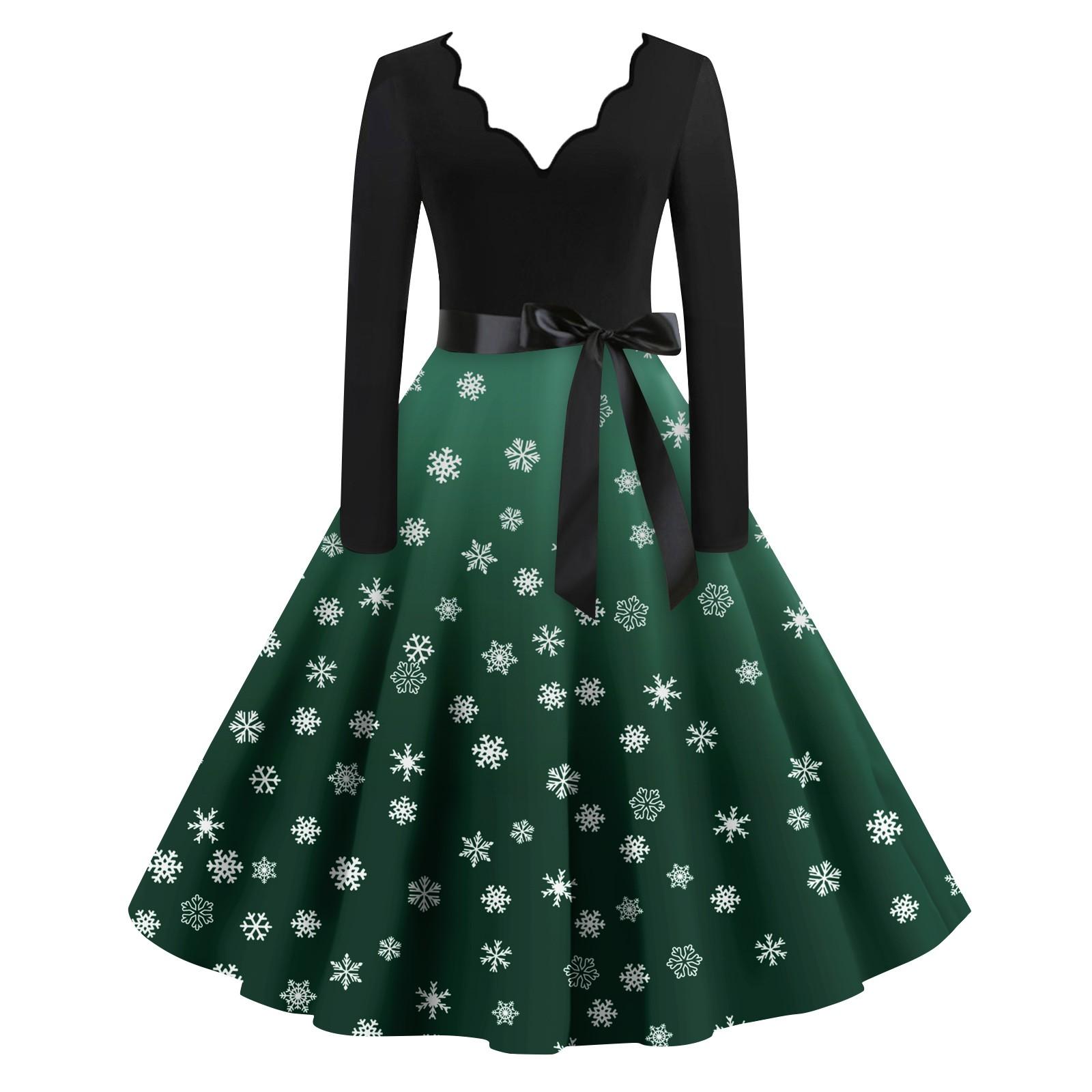 

Women s Casual Fashion V-neck Long Sleeved Retro Christmas Print Retro Dress Autumn XXXL зелений