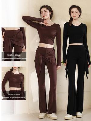 Traje de Yoga de Hada para Mujer Otoño/Invierno: Conjunto Deportivo de Fitness para Pilates de Cintura Alta con Pantalones Acampanados Fluidos