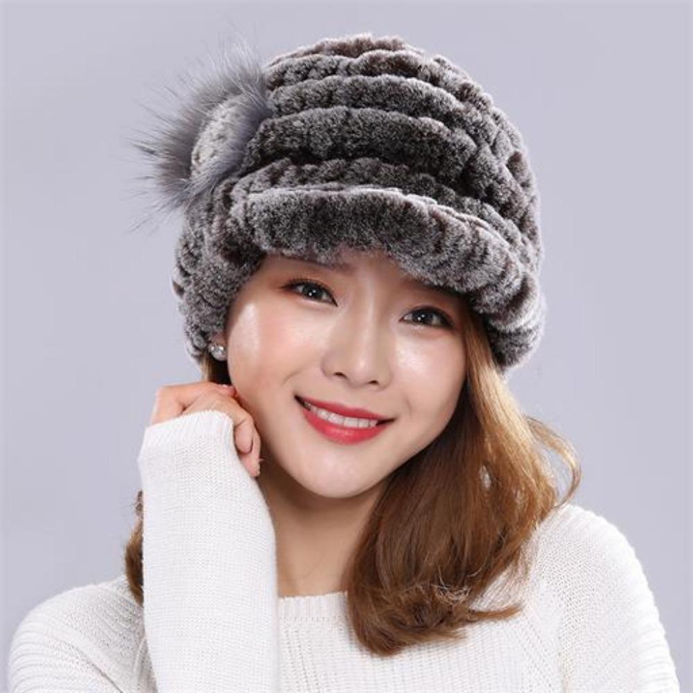 Autumn and Winter Rex Rabbit Fur Duckbill Hat with Rose Side Flower Women's Fox Fur Hat Knitted Warm Thick Fashion Hat with Brim