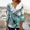 Ladies Top Floral Print V-Neck Short Sleeve Button T-Shirt