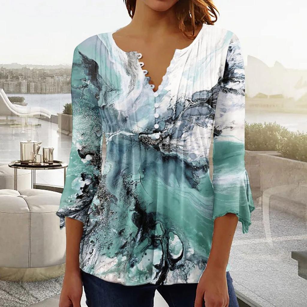 Ladies Top Floral Print V-Neck Short Sleeve Button T-Shirt