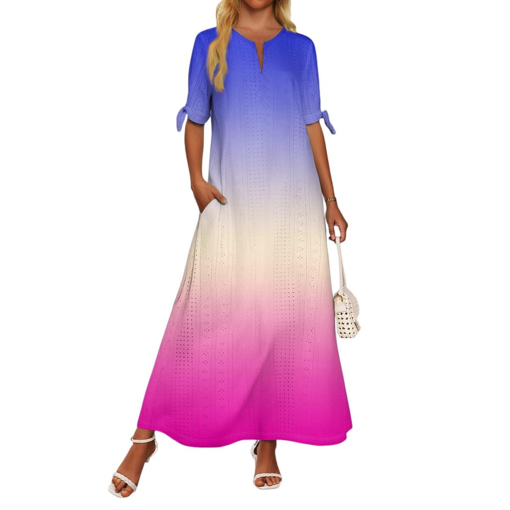 Ladies Casual Fashion Temperament Elegant Waist Gradient Color Print Long Dress