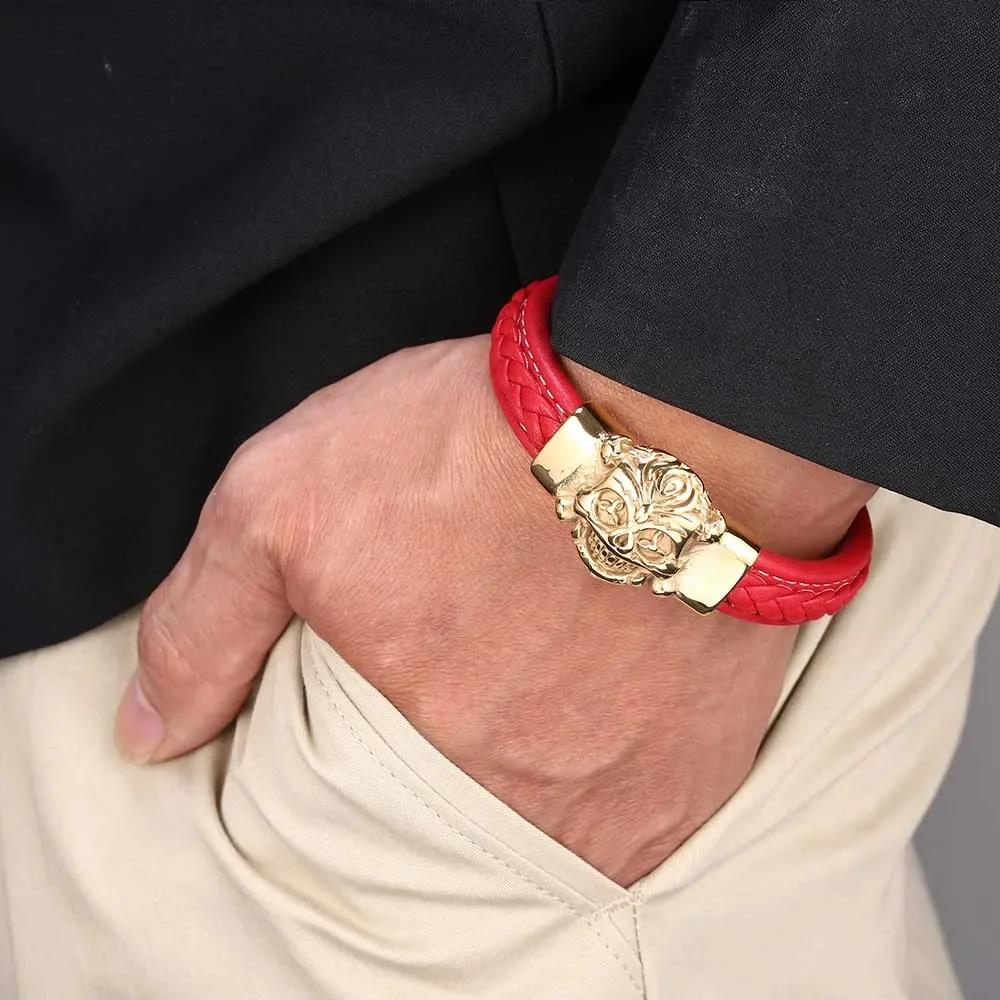 Nouveau Design Punk Couleur Or Animal Cuir Véritable Bracelet Homme Femme Acier Inoxydable Jonc Bracelet Bijoux