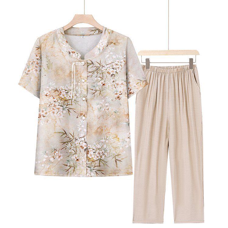 

Stylish Short Sleeve Summer Shirt for Middle-Aged Women - Chinese National Style 3XL (60-65 kg) бежевый