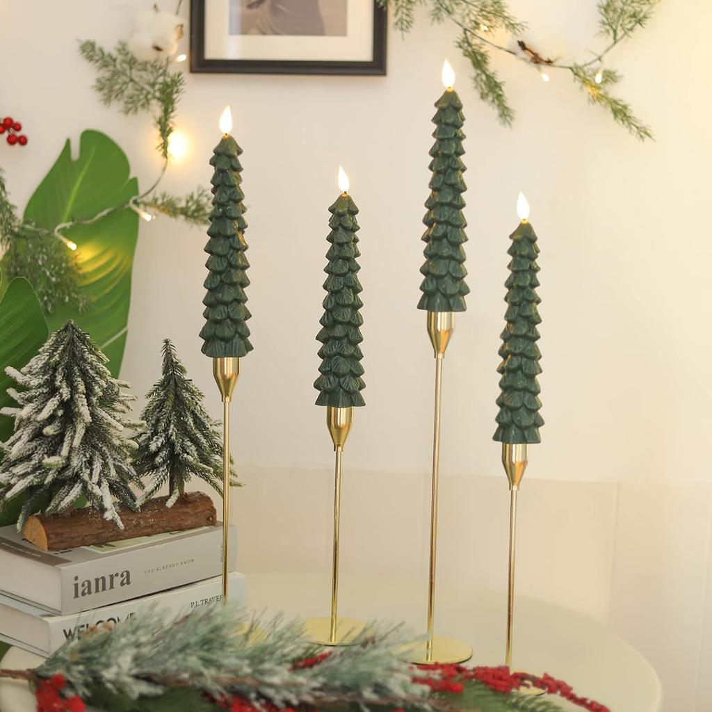 1/2/3/4Pcs Christmas Tree Candles with Remote Timer Waxy Flameless Taper Candles Flickering Window Candle for Christmas Decor