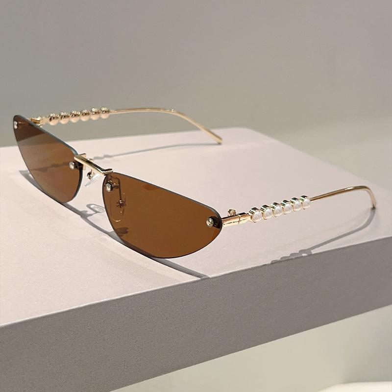 Rimless Triangle Sunglasses with Pearls Women  New Fashion Casual Sun Glasses Trendy Sweet Brand Design Decor Shades