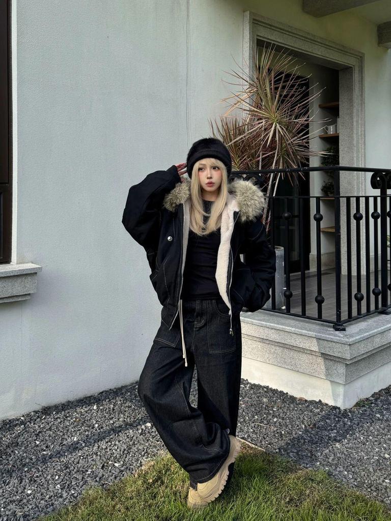 Women's Winter Guochao Zuo Furry Hooded Parka - Super Thick, Water-Washed, Loose Fit Cotton Coat