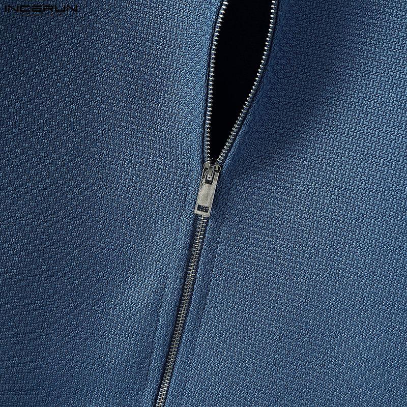 INCERUN Men Lapel Neck Long Sleeve Zip-Up Texture Cropped Casual Shirts