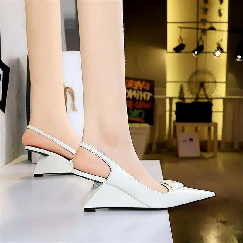 2025 New Sweet Women Pumps Hollow Shallow Mouth Pointed Toe Patent Leather Wedges Back Strap Fashion Dress Single Shoes