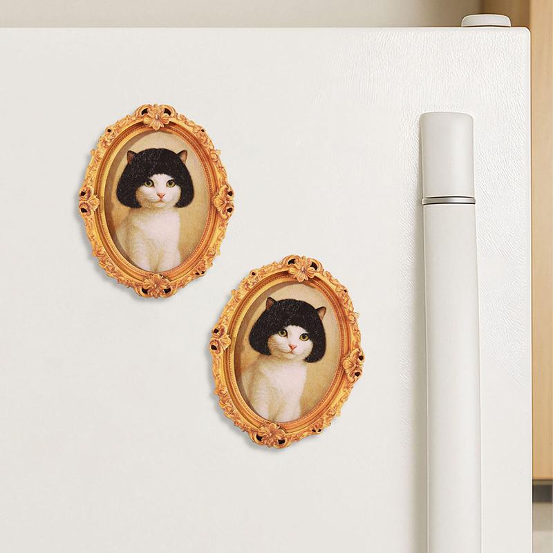 1Pc Mini Oval Retro Wooden Photo Frame Fridge Magnet Funny Cat & Haircut Modern Kitchen Decor Durable Refrigerator Ornament