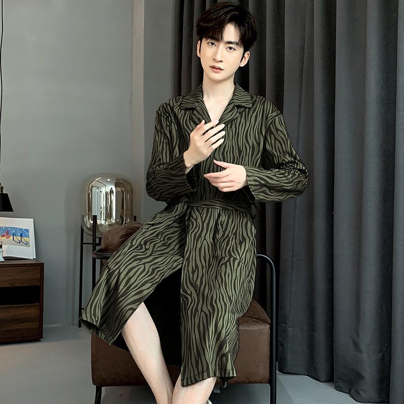 Men's 2025 Spring/Autumn Pure Cotton Long Sleeve Mid-Length Bathrobe