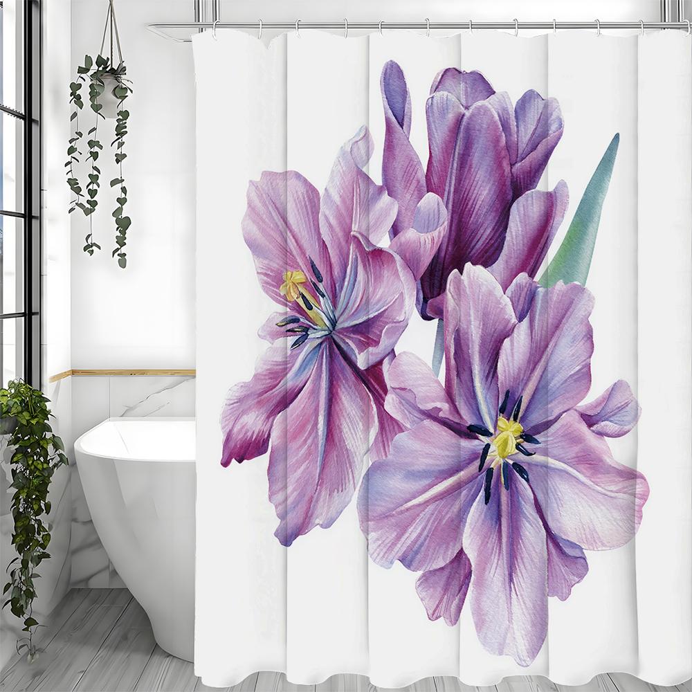 Purple Watercolor Floral Shower Curtain, Bathroom Decorative Shower Curtain, Waterproof Shower Curtain with Hooks