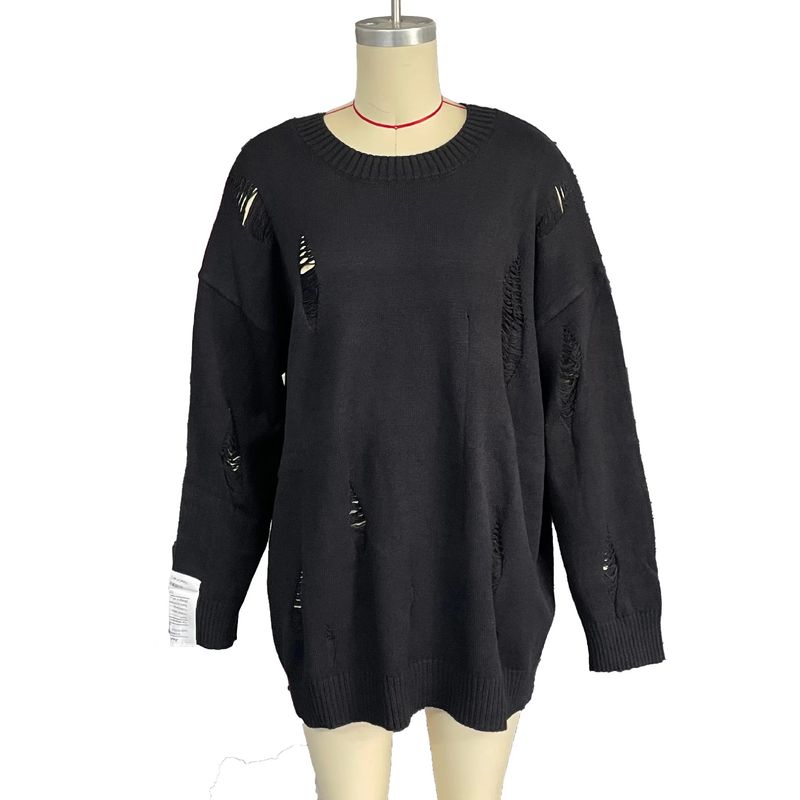 

European and American Fashion Cool Ripped Top Loose Long Sleeves Sexy Sweater Loose Sweater with Holes Black L