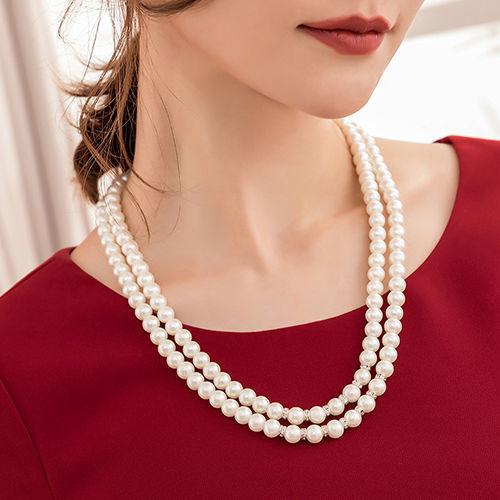 Cheongsam Glass Pearl Necklace Double-layer Women's Retro Small Fragrant Style Multi-layer Collarbone Chain French Neck Chain Sweater Chain
