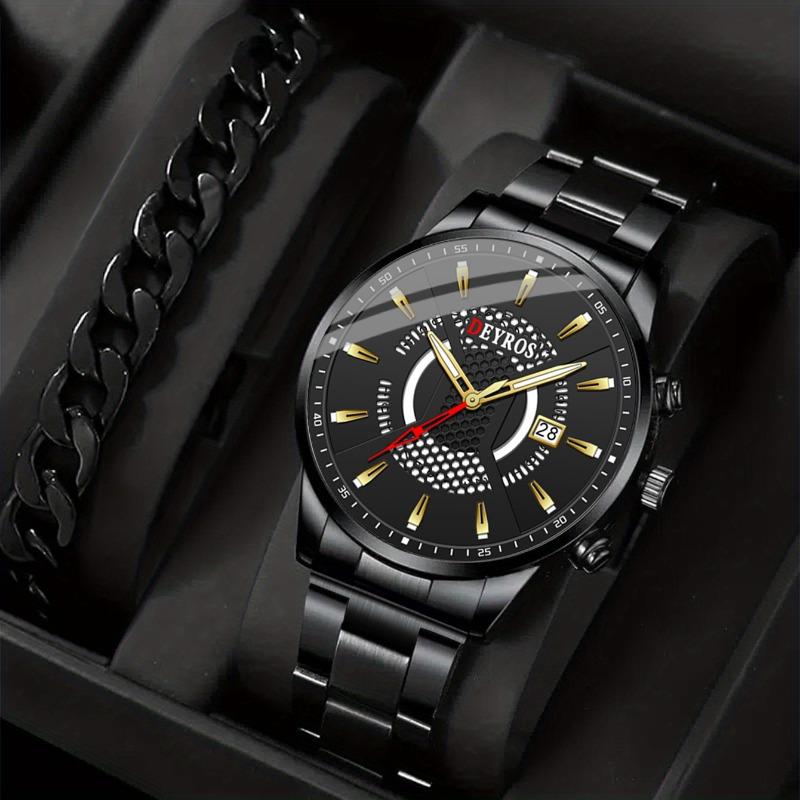 

2 шт./компл., 1 шт. Мужские модные деловые календарные кварцевые часы и 1 шт. Набор браслетов из нержавеющей стали, Идеальный выбор для подарков
