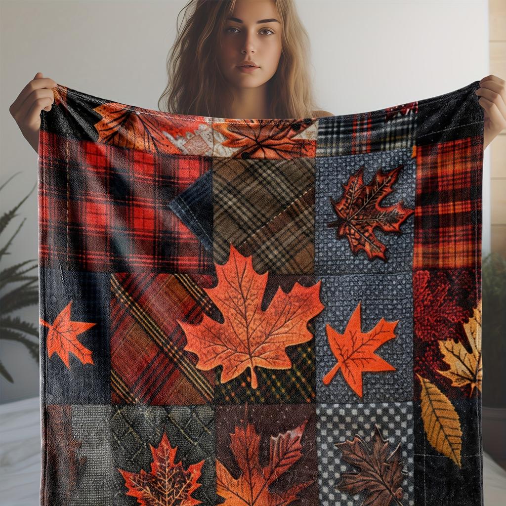 1Pc Autumn - Themed Patchwork Throw Blanket With Maple Leaf Patterns, Ideal For Adding A Festive Fall Touch To Home Decor