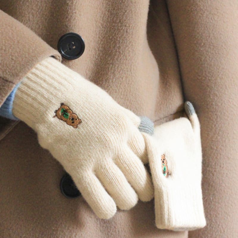 SNOOZY Quokka Embroidered Wool Knit Gloves Beige