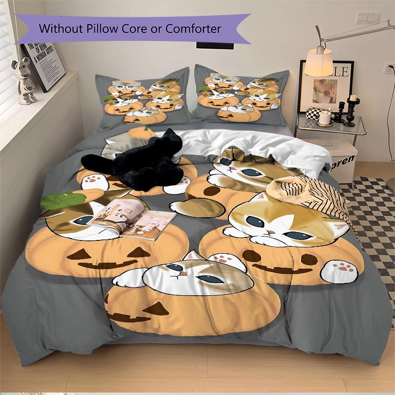 3pcs Halloween Pumpkin Kitties Quilt Cover Set (1 Quilt Cover + 2 Pillowcases