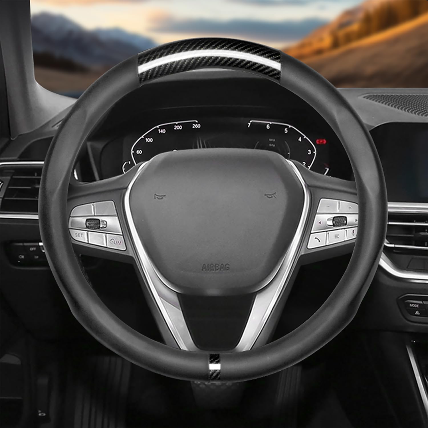 

QiuFu Рулевое колесо Настоящий карбон Рулевое колесо Салон автомобиля Подходит для всех легковых автомобилей Черная оплетка, Сверхтонкое, Противоскользящее, Впитывающее пот, Кожа,