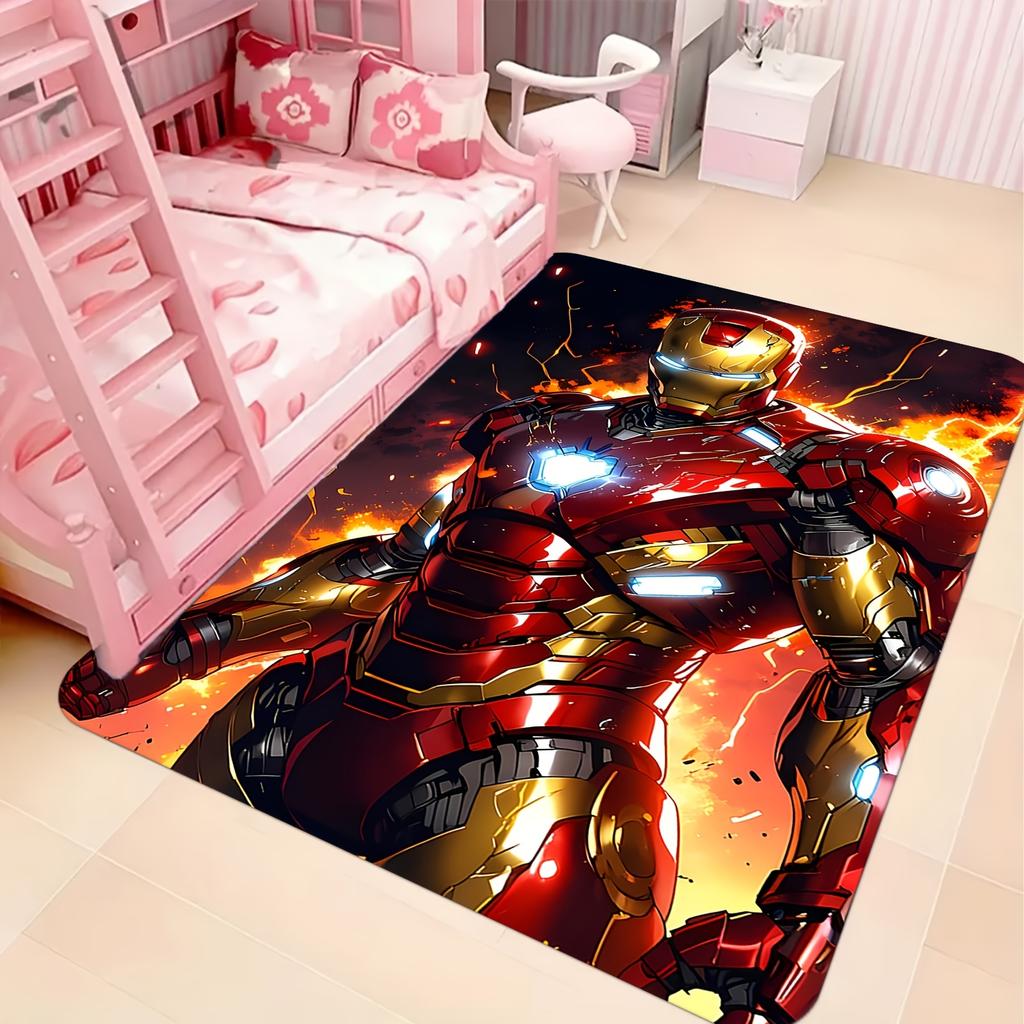 A Printed Floor Mat Featuring Iron 'S Armor with Flame Effects, Suitable for Living Rooms, Bedrooms, And Game Rooms. It Can Be